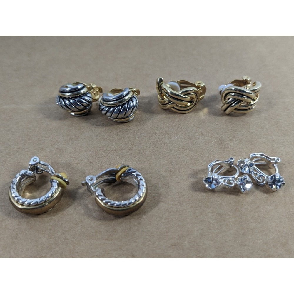 Lot of 4 Pairs of designer Gold & Silver toned Clip-on Earrings cable hoop